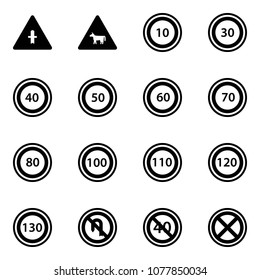 Solid vector icon set - intersection vector road sign, cow, speed limit 10, 30, 40, 50, 60, 70, 80, 100, 110, 120, 130, no turn back, end minimal, stop