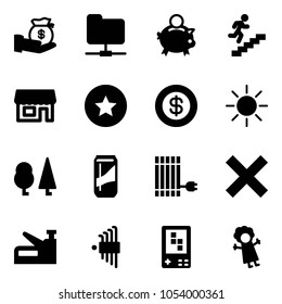 Solid vector icon set - investment vector, network folder, piggy bank, career, store, star medal, dollar, sun, forest, drink, panel, delete, stapler, allen key set, game console, doll