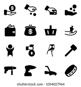 Solid vector icon set - investment vector, card pay, cash, wallet, purse, basket, hand sprout, success, rich, kite, rubber hammer, drill machine, lawn mower, tambourine