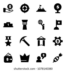 Solid vector icon set - investment vector, target, attainment, money tree, pedestal, award, world, flag, star medal, rock axe, pennant, managemet, finance management, crown, dialog, dart