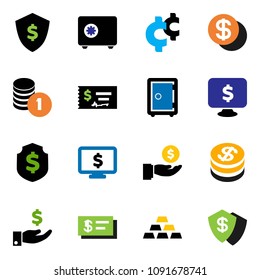 solid vector icon set - investment vector, coin stack, check, dollar shield, safe, monitor, cent sign, gold ingot