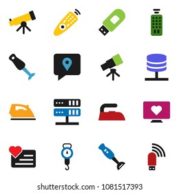 solid vector icon set - iron vector, scales, blender, telescope, heart monitor, tracking, remote control, network server, usb modem