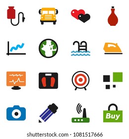 solid vector icon set - iron vector, oil, pencil, school bus, world, graph, scales, target, pool, camera, heart, diagnostic monitor, drop counter, router, loading, buy