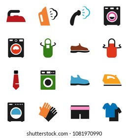 solid vector icon set - iron vector, steaming, washer, rubber glove, apron, tie, snickers, shorts, clothes