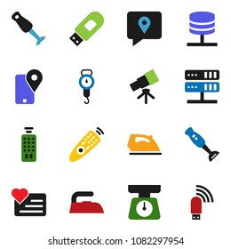 solid vector icon set - iron vector, scales, blender, telescope, heart monitor, tracking, remote control, network server, usb modem