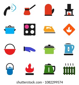 solid vector icon set - iron vector, steaming, pan, camping cauldron, kettle, cook glove, turk coffee, oven, flammable, fireplace, heating