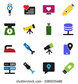 solid vector icon set - iron vector, scales, blender, telescope, heart monitor, traking, remote control, network server, usb modem