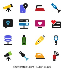 solid vector icon set - iron vector, scales, blender, telescope, heart monitor, traking, remote control, network server, usb modem