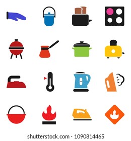 solid vector icon set - iron vector, steaming, pan, camping cauldron, kettle, cook glove, turk coffee, toaster, oven, thermometer, bbq, flammable