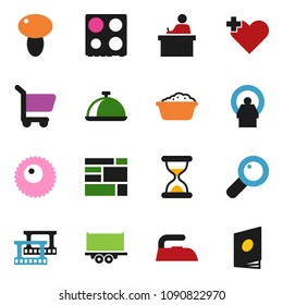 solid vector icon set - iron vector, foam basin, oven, dish, mushroom, student, truck trailer, consolidated cargo, film frame, heart cross, magnifier, sand clock, tomography, ovule, cart, catalog