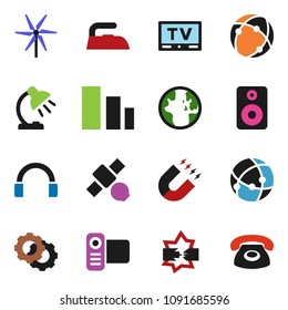 solid vector icon set - iron vector, table lamp, magnet, world, satellite, sorting, tv, video camera, headphones, speaker, connection, disconnection, gear, windmill, phone