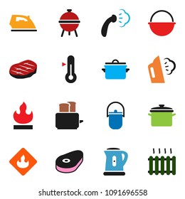 solid vector icon set - iron vector, steaming, pan, camping cauldron, kettle, toaster, thermometer, bbq, steak, flammable, heating