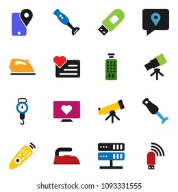 solid vector icon set - iron vector, scales, blender, telescope, heart monitor, traking, remote control, network server, usb modem