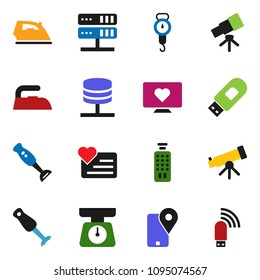 solid vector icon set - iron vector, scales, blender, telescope, heart monitor, tracking, remote control, network server, usb modem