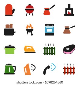 solid vector icon set - iron vector, steaming, pan, kettle, cook glove, turk coffee, toaster, oven, bbq, steak, fireplace, heating