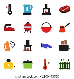 solid vector icon set - iron vector, steaming, pan, camping cauldron, kettle, cook glove, turk coffee, toaster, thermometer, bbq, steak, fireplace, heating