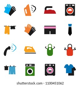 solid vector icon set - iron vector, steaming, drying clothes, washer, rubber glove, apron, tie, shorts