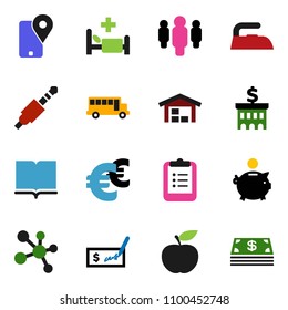 solid vector icon set - iron vector, book, clipboard, school bus, piggy bank, check, building, man, euro sign, diet, molecule, tracking, jack, hospital bed, barn, cash