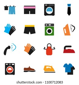 solid vector icon set - iron vector, steaming, drying clothes, washer, rubber glove, apron, tie, snickers, shorts