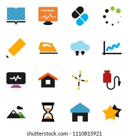solid vector icon set - iron vector, book, pencil, constellation, graph, sand clock, pills, diagnostic monitor, drop counter, cloud exchange, home, loading, mountain, star