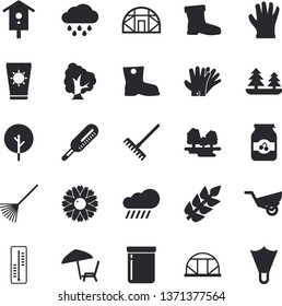 Solid vector icon set - jam flat vector, thermometer, nesting box, tree, flower, rake, garden wheelbarrow, gumboots, gloves, rain, greenhouse, forest, ear, chaise lounge fector, sun protection cream