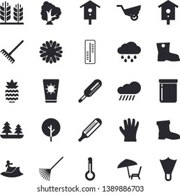 Solid vector icon set - jam flat vector, pineapple, thermometer, nesting box, tree, flower, rake, garden wheelbarrow, gumboots, gloves, rain, forest, ear, chaise lounge fector, sun protection cream