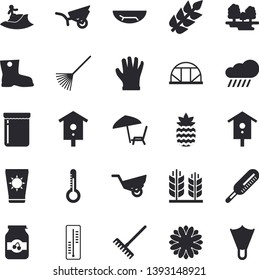 Solid vector icon set - jam flat vector, pineapple, thermometer, nesting box, flower, rake, garden wheelbarrow, gumboots, gloves, rain, greenhouse, forest, ear, sea beach fector, chaise lounge