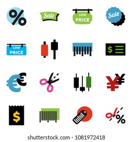 solid vector icon set - japanese candle vector, receipt, euro sign, yen, barcode, low price signboard, sale, percent, coupon