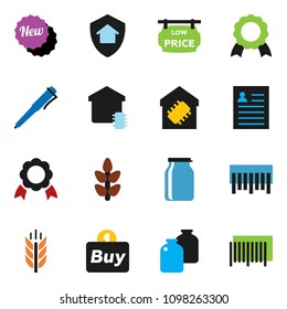 solid vector icon set - jar vector, pen, medal, personal information, cereals, barcode, low price signboard, smart home, protect, new, buy