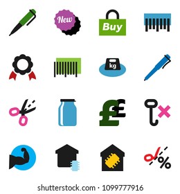 solid vector icon set - jar vector, pen, medal, pound, muscule hand, no hook, weight, barcode, smart home, new, buy, coupon