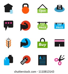 solid vector icon set - jar vector, personal information, muscle hand, shorts, cereals, weight, barcode, message, low price signboard, smart home, open, buy