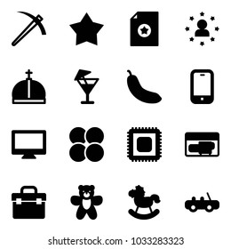 Solid vector icon set - job vector, star medal, certificate, man, crown, drink, banana, mobile phone, monitor, atom core, cpu, generator, tool box, bear toy, rocking horse, car