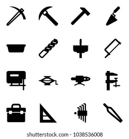 Solid vector icon set - job vector, rock axe, hammer, trowel, basin, drill, crown, metal hacksaw, jig saw, jack, pipe welding, clamp, tool box, corner ruler, allen key set, forceps