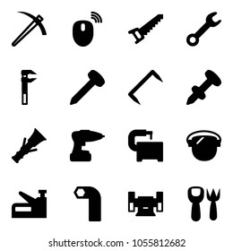 Solid vector icon set - job vector, mouse wireless, saw, wrench, nail, staple, dowel, drill, machine tool, protect glass, stapler, allen key, sharpening, shovel fork toy