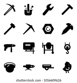 Solid vector icon set - job vector, casting of steel, wrench, hammer, sledgehammer, axe, nut, screw, drill machine, jig saw, concrete mixer, winch, protect glass, pipe welding, trailer, chicken toy