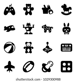 Solid vector icon set - joystick vector, bear toy, shovel bucket, rocking horse, plane, robot, rabbit, beach ball, wirligig, piano, football, soother, cube hole