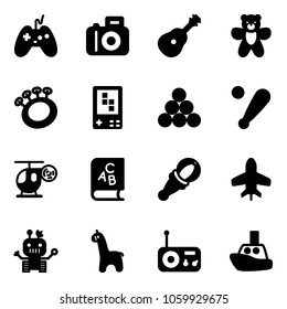 Solid vector icon set - joystick vector, camera, guitar, bear toy, beanbag, game console, billiards balls, baseball bat, helicopter, abc book, plane, robot, giraffe, radio, boat