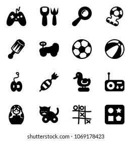Solid vector icon set - joystick vector, shovel fork toy, beanbag, teethers, baby car, soccer ball, beach, yoyo, dart, duck, radio, russian doll, cat, Tic tac toe, cube hole