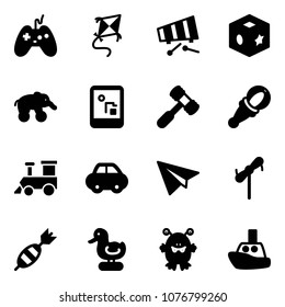 Solid vector icon set - joystick vector, kite, xylophone, cube toy, elephant wheel, game console, hammer, beanbag, train, car, paper plane, windmill, dart, duck, monster, boat