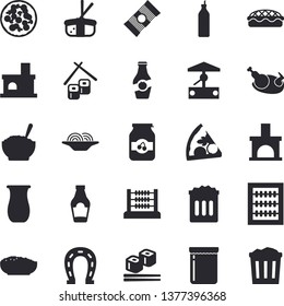 Solid vector icon set - jugful flat vector, spaghetti, ketchup, pizza, porridge, pie, chicken, fish rolls, sashimi, jam, mustard, well, horseshoe, fireplace, abacus, trash can