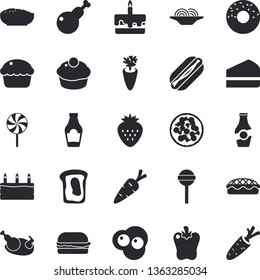 Solid vector icon set - ketchup flat vector, spaghetti, hamburger, hot dog, pizza, cupcake, piece of cake, donut, porridge, pie, chicken, lollipop, carrot, bell pepper, scrambled eggs, Strawberry