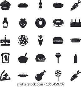 Solid vector icon set - ketchup flat vector, spaghetti, hamburger, hot dog, pizza, cupcake, cake, donut, porridge, pie, chicken, lollipop, carrot, Strawberry, canape, mustard, sandwich