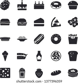 Solid vector icon set - ketchup flat vector, cheese, bread, spaghetti, hamburger, hot dog, pizza, cupcake, piece of cake, donut, French fries, popcorn, ice cream, Strawberry, blackberry, pancakes