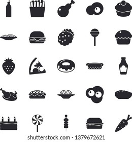 Solid vector icon set - ketchup flat vector, spaghetti, hamburger, hot dog, pizza, cupcake, cake, donut, porridge, pie, chicken, lollipop, French fries, scrambled eggs, Strawberry, blackberry