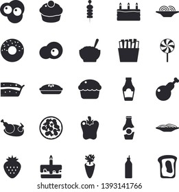 Solid vector icon set - ketchup flat vector, spaghetti, pizza, cupcake, piece of cake, donut, porridge, pie, chicken, lollipop, carrot, bell pepper, French fries, scrambled eggs, Strawberry, canape