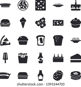 Solid vector icon set - ketchup flat vector, cheese, bread, spaghetti, hamburger, hot dog, pizza, cupcake, piece of cake, French fries, popcorn, ice cream, blackberry, sandwich, pancakes