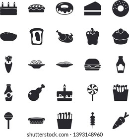 Solid vector icon set - ketchup flat vector, spaghetti, hamburger, hot dog, cupcake, piece of cake, donut, porridge, pie, chicken, lollipop, carrot, bell pepper, French fries, canape, sandwich
