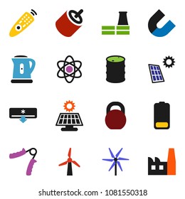 solid vector icon set - kettle vector, atom, magnet, weight, hand trainer, oil barrel, remote control, battery, rca, solar panel, windmill, air conditioner, factory