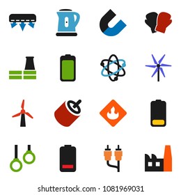solid vector icon set - kettle vector, atom, magnet, boxing glove, gymnast rings, flammable, battery, windmill, air conditioner, factory