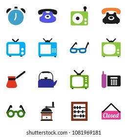 solid vector icon set - kettle vector, hand mill, turk coffee, glasses, alarm clock, abacus, phone, radio, tv, classic, closed
